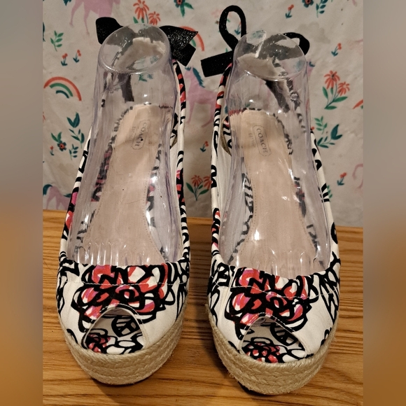 EUC Y2K Coach Poppy Maritza White Floral Jute Summer Boho Heel Wedge Shoe SZ 9B - Picture 2 of 10